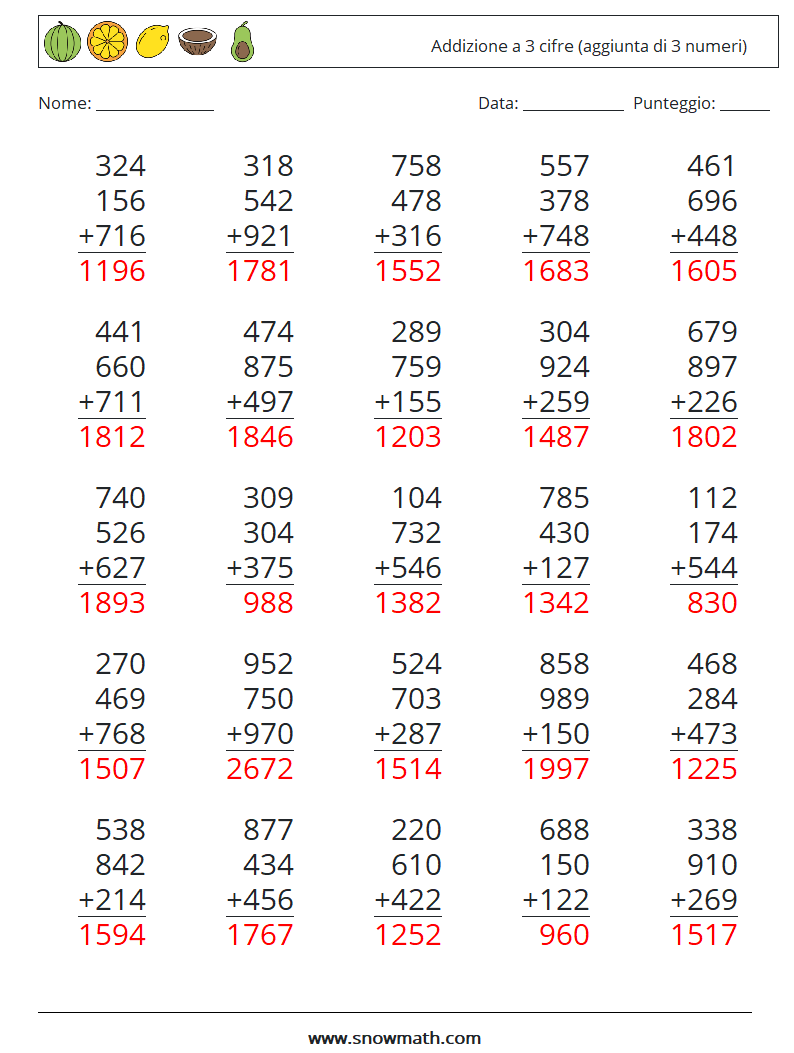 (25) Addizione a 3 cifre (aggiunta di 3 numeri) Fogli di lavoro di matematica 8 Domanda, Risposta