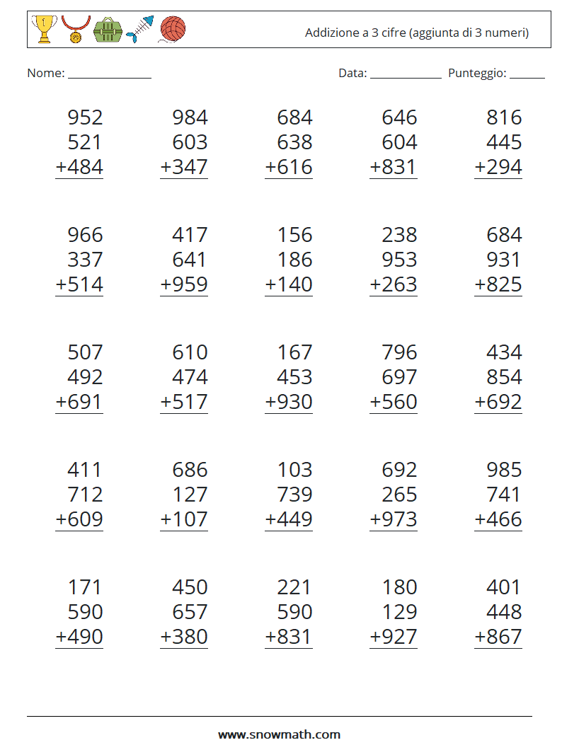 (25) Addizione a 3 cifre (aggiunta di 3 numeri) Fogli di lavoro di matematica 9