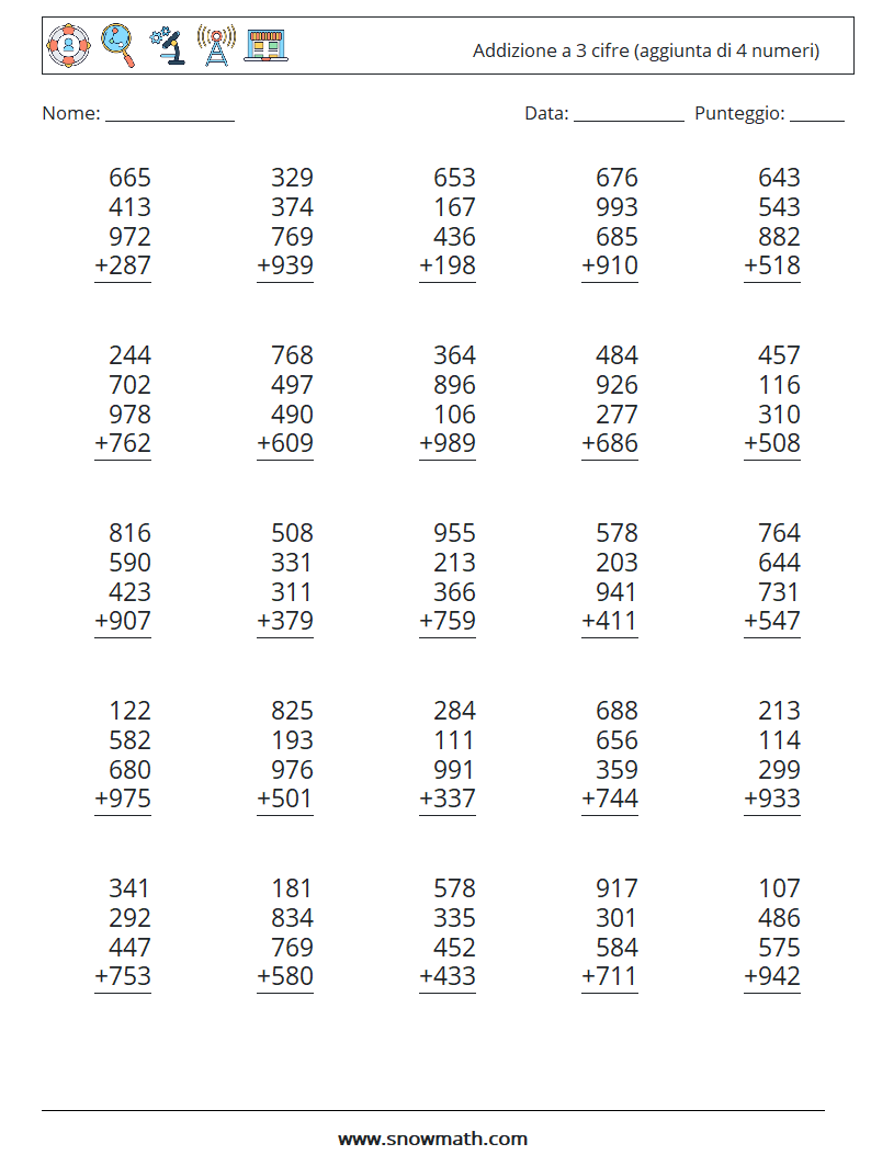 (25) Addizione a 3 cifre (aggiunta di 4 numeri) Fogli di lavoro di matematica 1