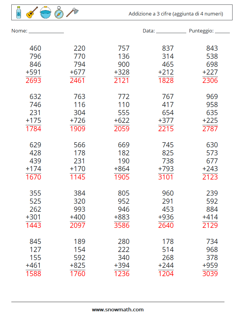 (25) Addizione a 3 cifre (aggiunta di 4 numeri) Fogli di lavoro di matematica 10 Domanda, Risposta