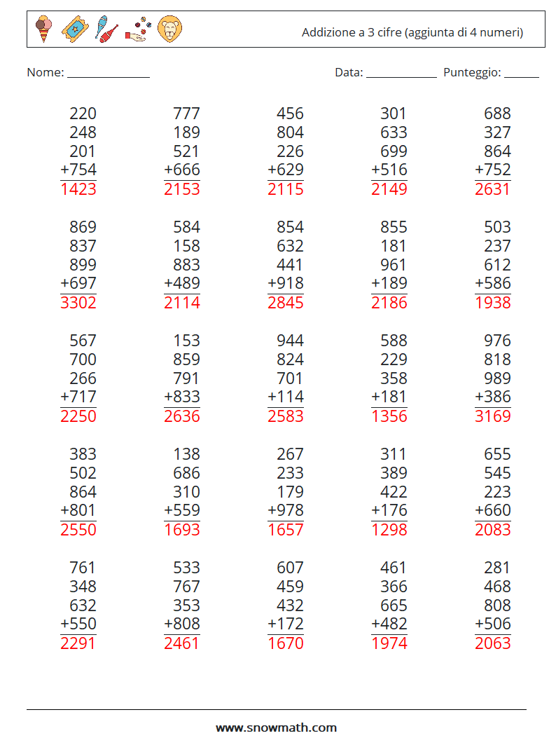 (25) Addizione a 3 cifre (aggiunta di 4 numeri) Fogli di lavoro di matematica 11 Domanda, Risposta