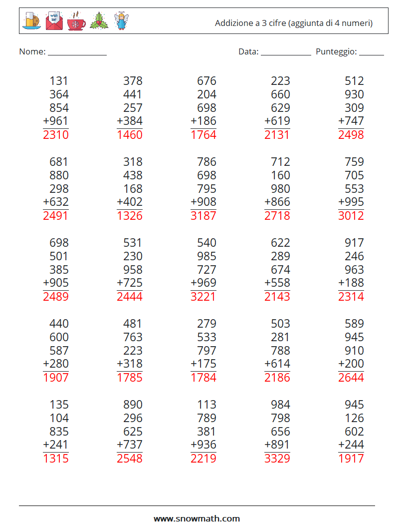 (25) Addizione a 3 cifre (aggiunta di 4 numeri) Fogli di lavoro di matematica 13 Domanda, Risposta
