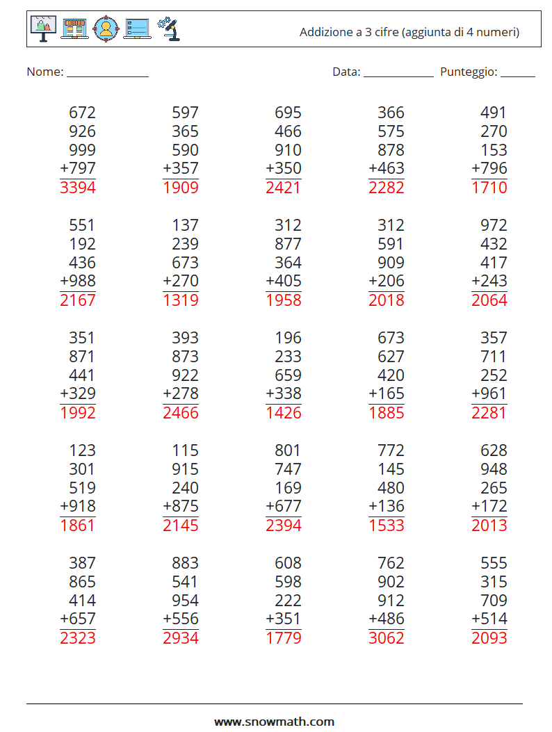 (25) Addizione a 3 cifre (aggiunta di 4 numeri) Fogli di lavoro di matematica 14 Domanda, Risposta