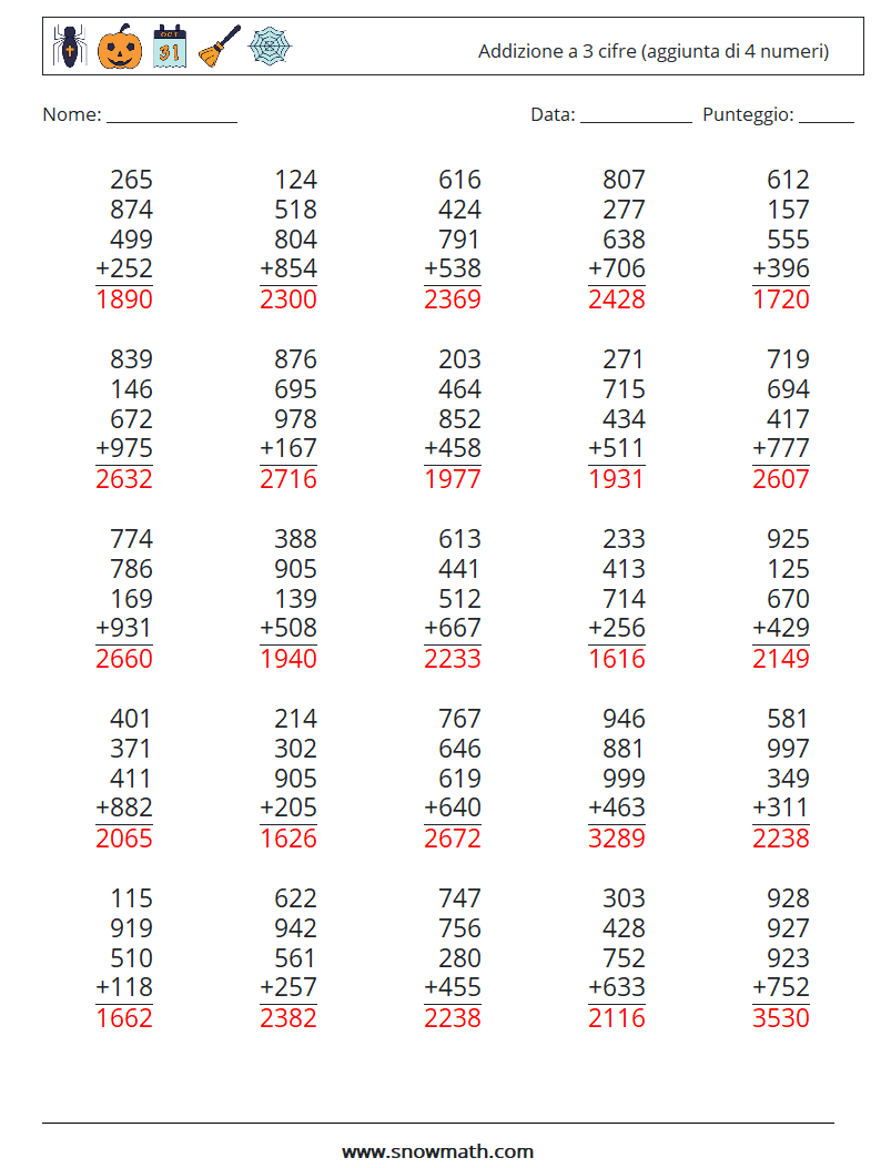 (25) Addizione a 3 cifre (aggiunta di 4 numeri) Fogli di lavoro di matematica 17 Domanda, Risposta