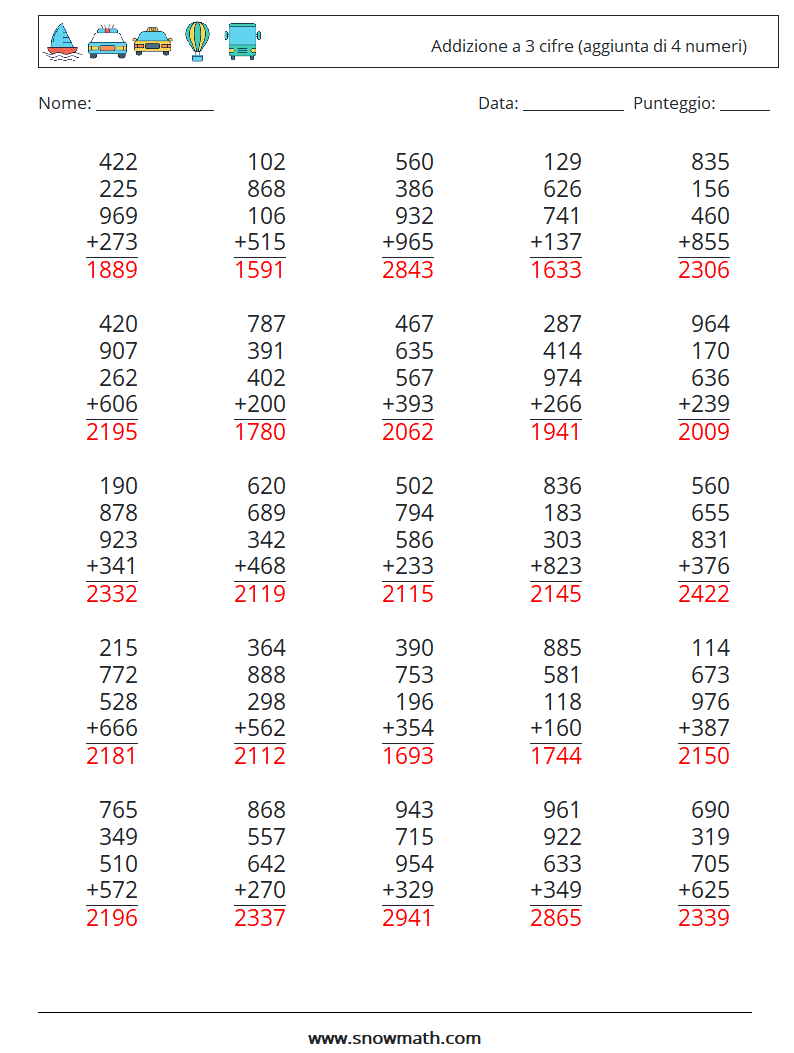 (25) Addizione a 3 cifre (aggiunta di 4 numeri) Fogli di lavoro di matematica 18 Domanda, Risposta