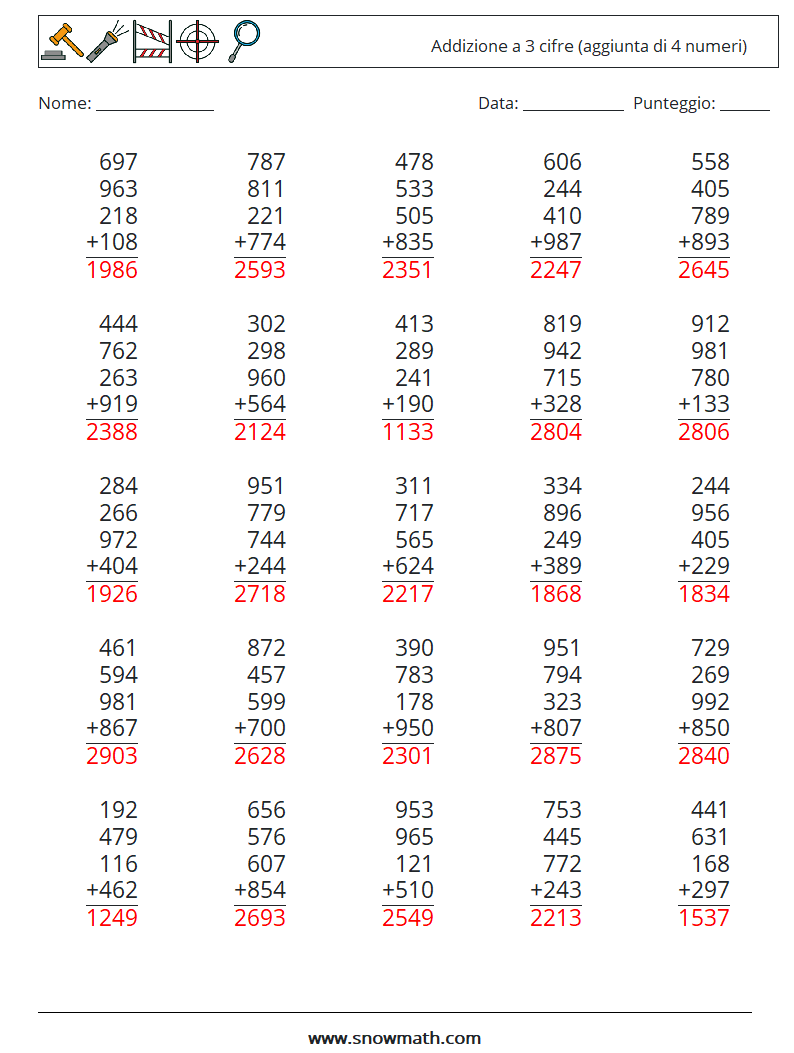 (25) Addizione a 3 cifre (aggiunta di 4 numeri) Fogli di lavoro di matematica 3 Domanda, Risposta