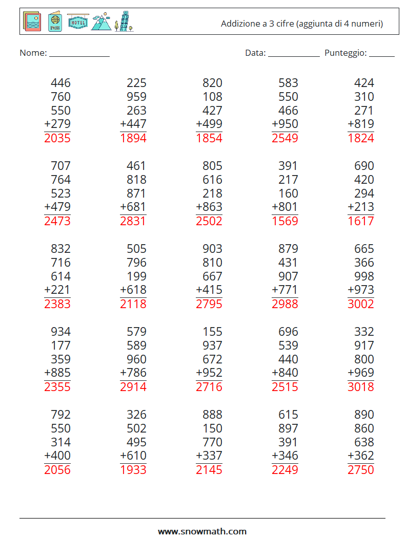 (25) Addizione a 3 cifre (aggiunta di 4 numeri) Fogli di lavoro di matematica 4 Domanda, Risposta