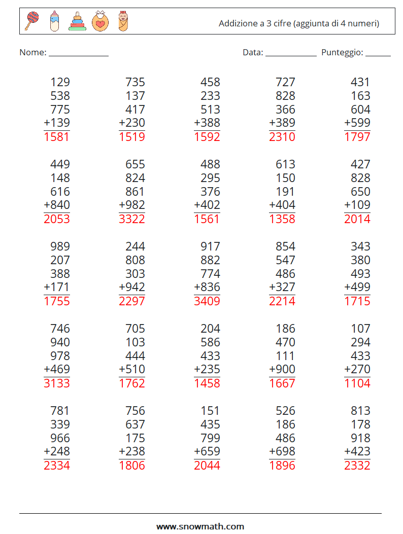 (25) Addizione a 3 cifre (aggiunta di 4 numeri) Fogli di lavoro di matematica 5 Domanda, Risposta