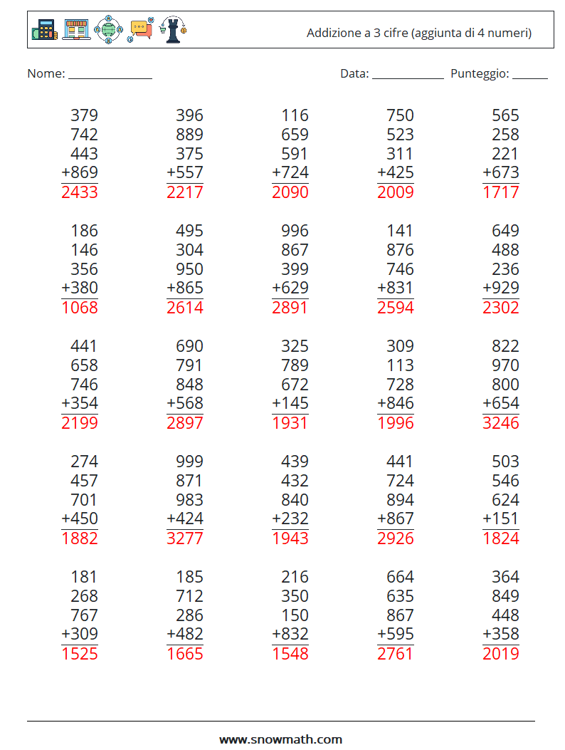 (25) Addizione a 3 cifre (aggiunta di 4 numeri) Fogli di lavoro di matematica 6 Domanda, Risposta