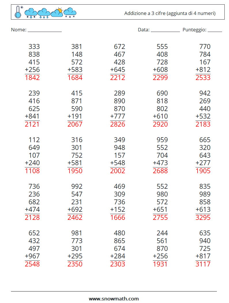 (25) Addizione a 3 cifre (aggiunta di 4 numeri) Fogli di lavoro di matematica 7 Domanda, Risposta