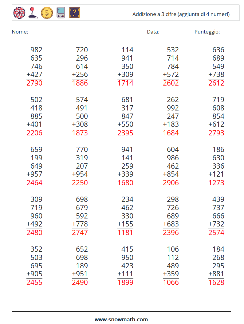 (25) Addizione a 3 cifre (aggiunta di 4 numeri) Fogli di lavoro di matematica 8 Domanda, Risposta