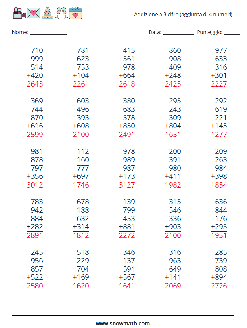 (25) Addizione a 3 cifre (aggiunta di 4 numeri) Fogli di lavoro di matematica 9 Domanda, Risposta