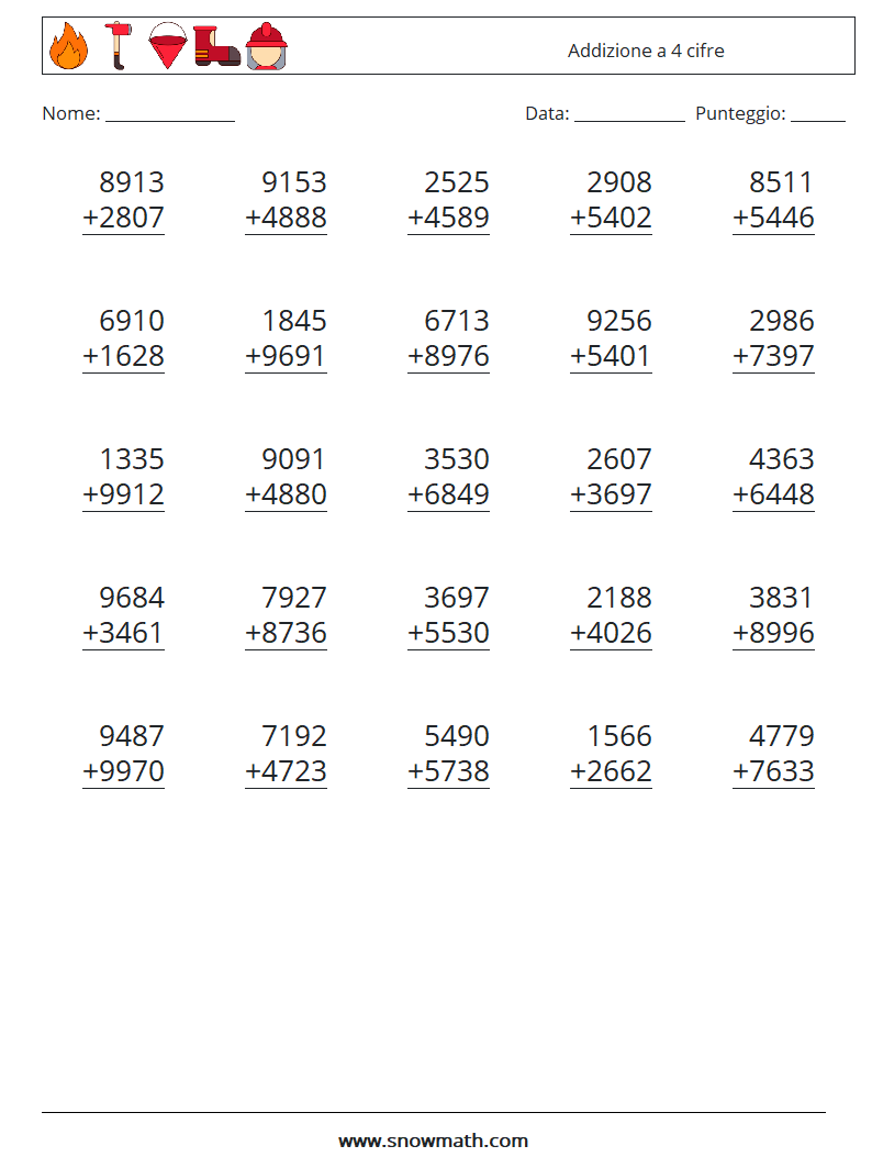 (25) Addizione a 4 cifre Fogli di lavoro di matematica 1