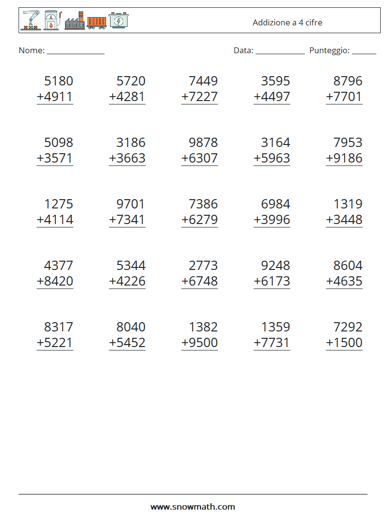 (25) Addizione a 4 cifre Fogli di lavoro di matematica 10