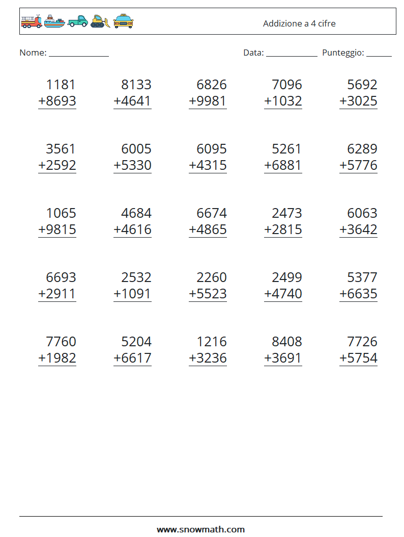 (25) Addizione a 4 cifre Fogli di lavoro di matematica 12