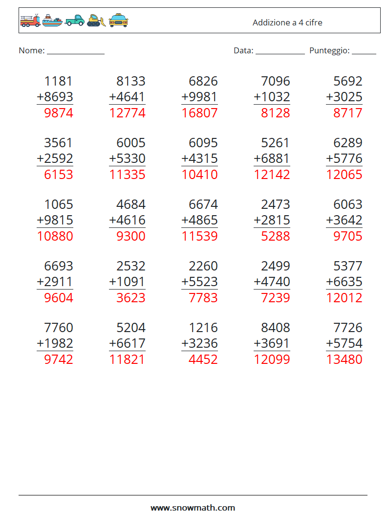 (25) Addizione a 4 cifre Fogli di lavoro di matematica 12 Domanda, Risposta