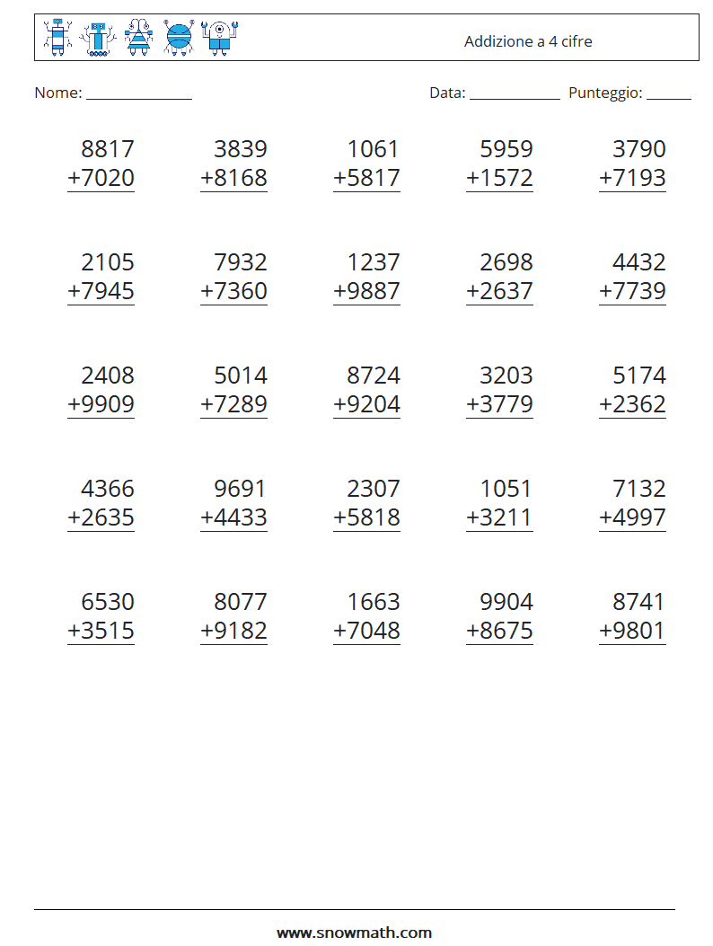 (25) Addizione a 4 cifre Fogli di lavoro di matematica 13