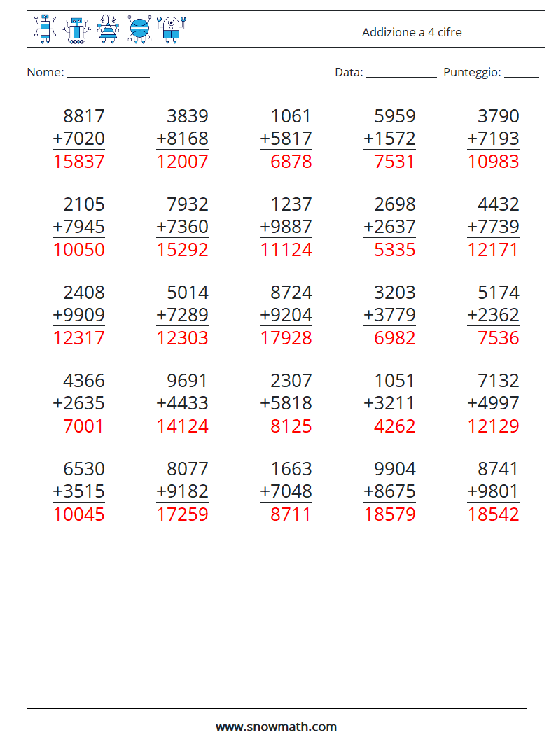 (25) Addizione a 4 cifre Fogli di lavoro di matematica 13 Domanda, Risposta