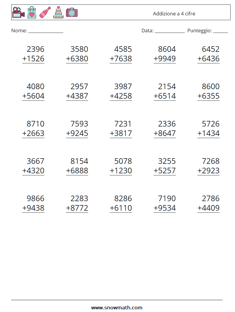 (25) Addizione a 4 cifre Fogli di lavoro di matematica 14