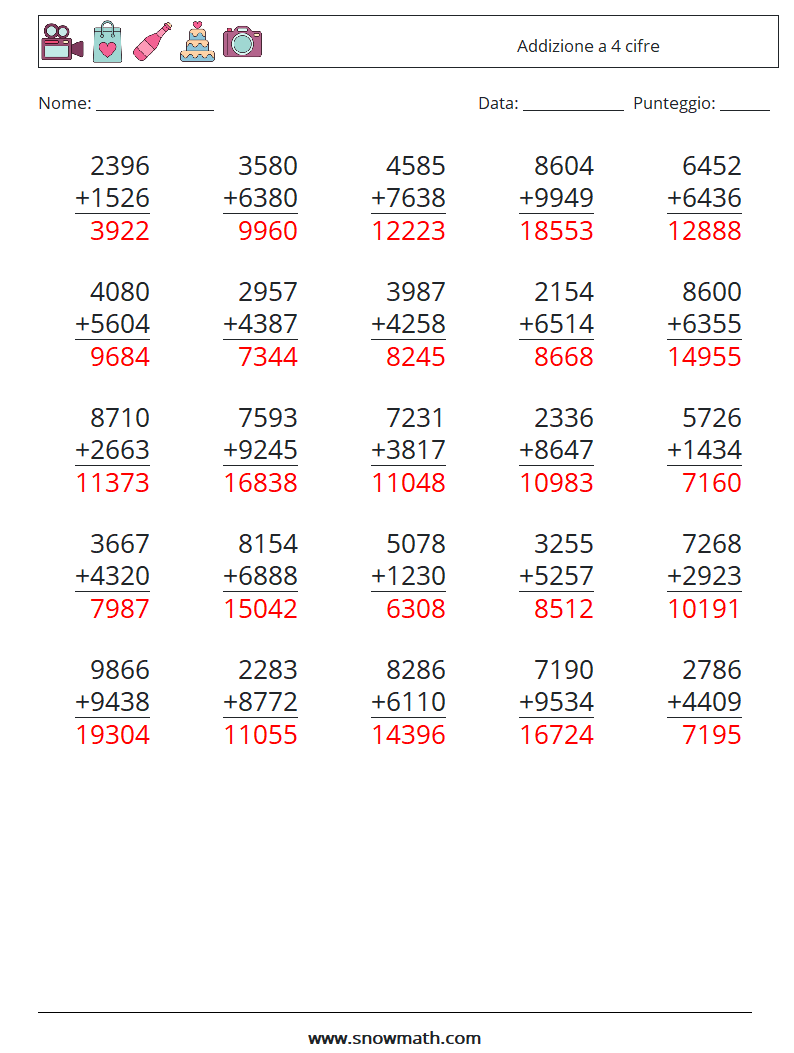 (25) Addizione a 4 cifre Fogli di lavoro di matematica 14 Domanda, Risposta