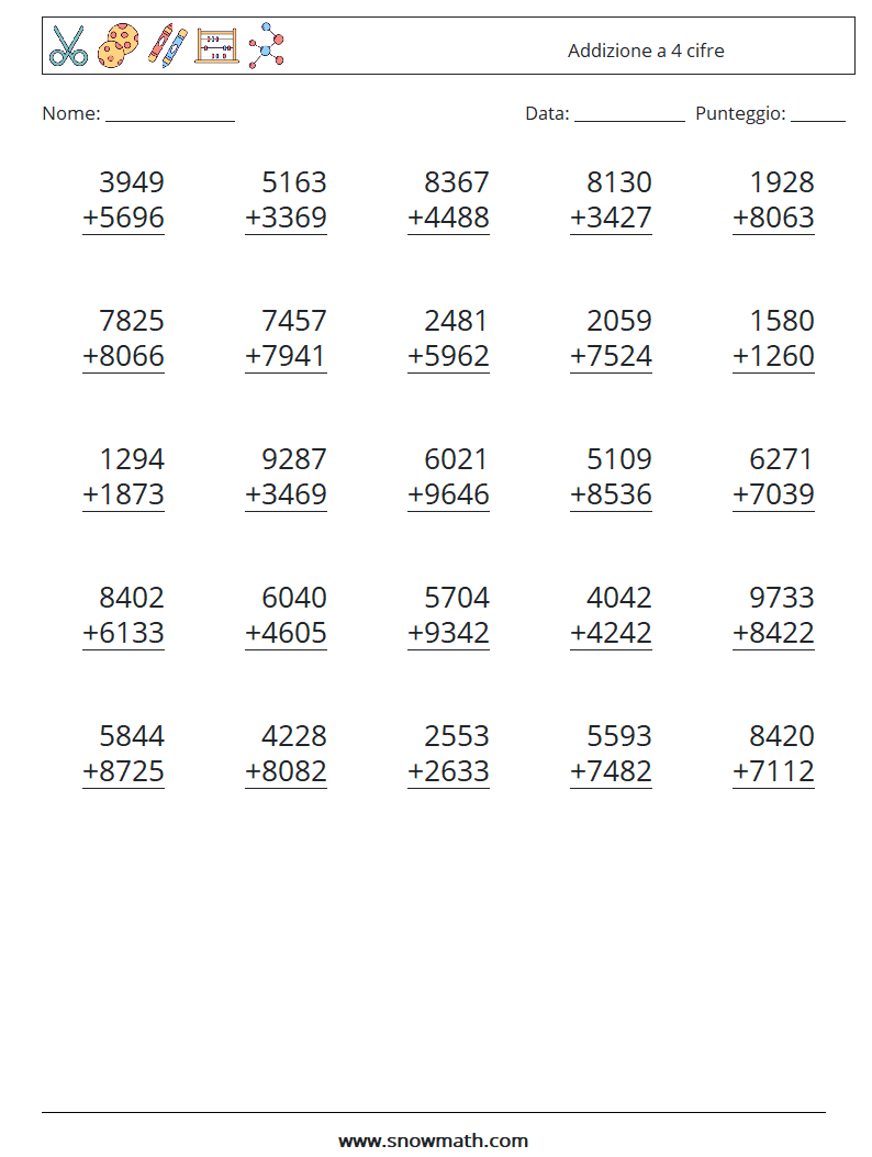 (25) Addizione a 4 cifre Fogli di lavoro di matematica 15