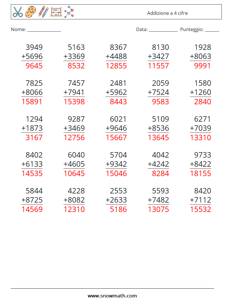 (25) Addizione a 4 cifre Fogli di lavoro di matematica 15 Domanda, Risposta