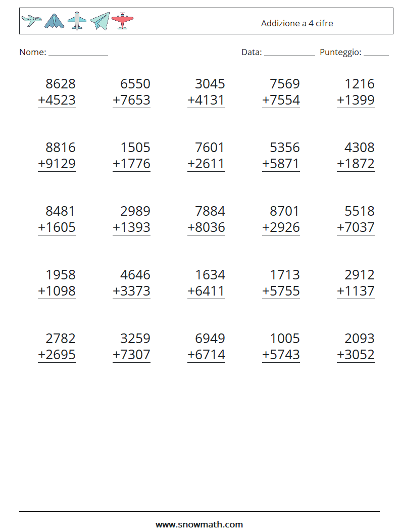 (25) Addizione a 4 cifre Fogli di lavoro di matematica 17