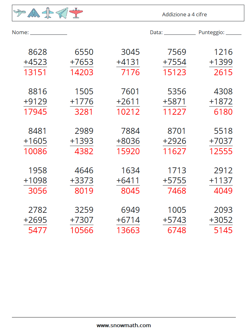 (25) Addizione a 4 cifre Fogli di lavoro di matematica 17 Domanda, Risposta