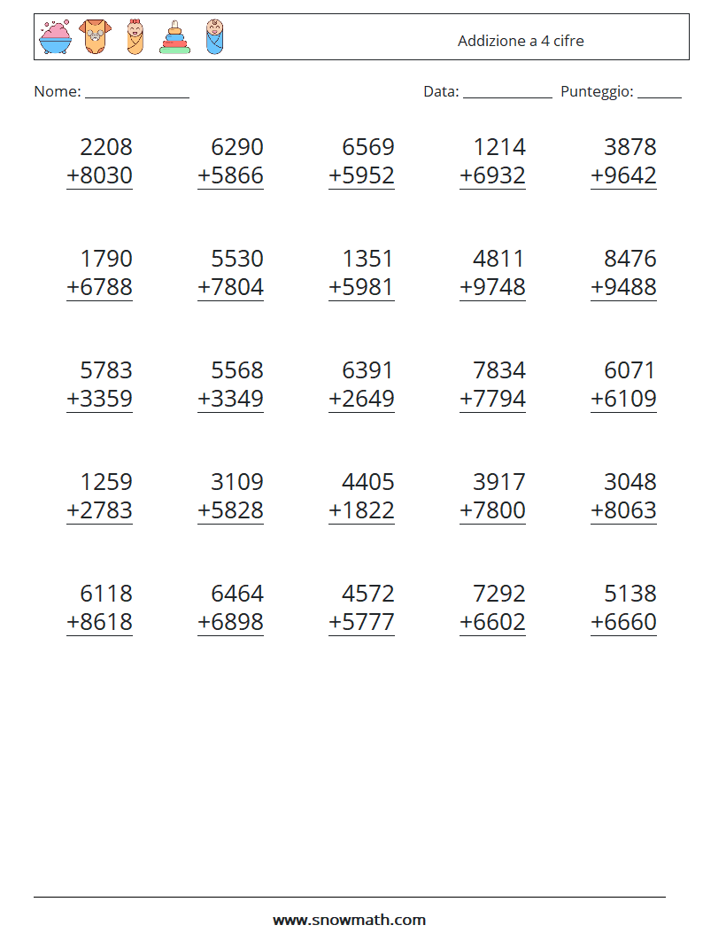 (25) Addizione a 4 cifre Fogli di lavoro di matematica 18