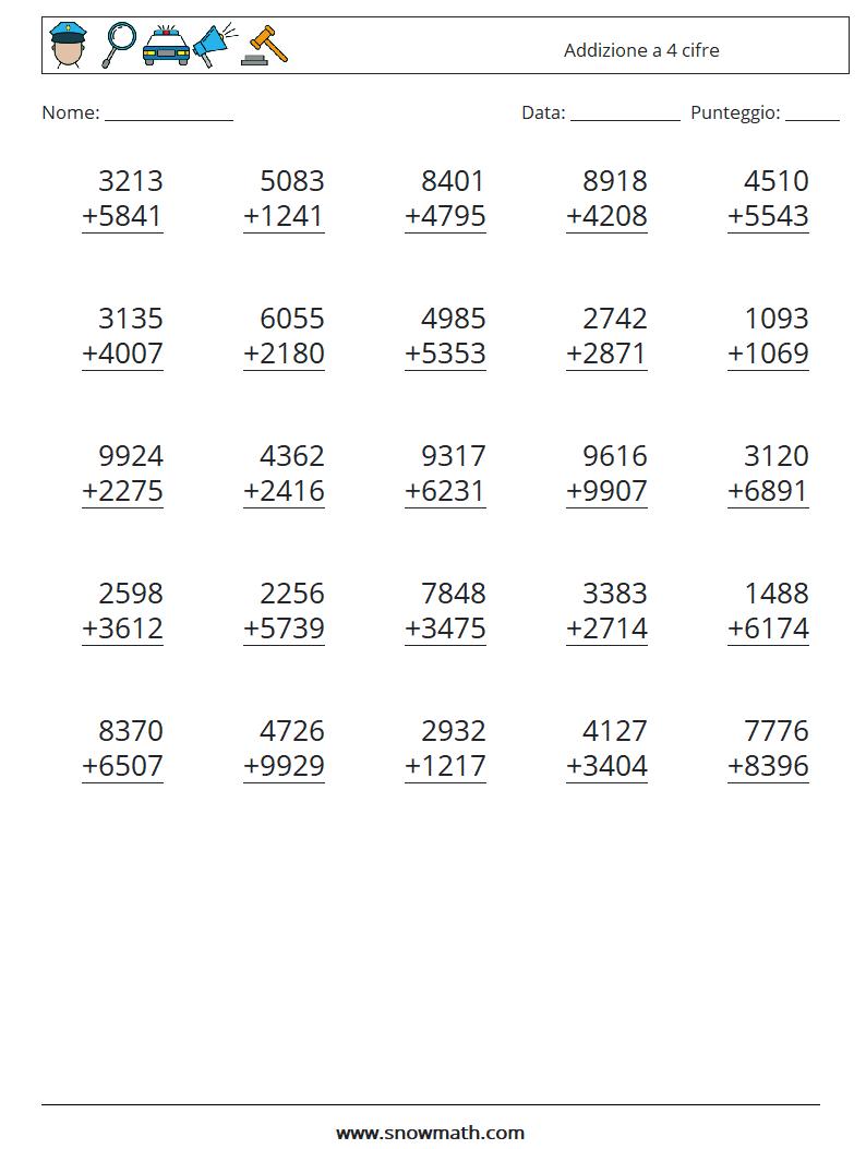 (25) Addizione a 4 cifre Fogli di lavoro di matematica 3