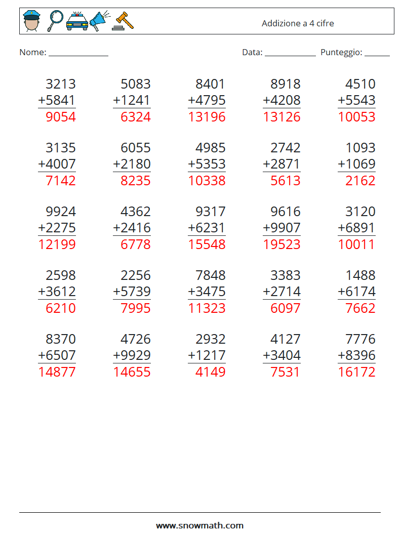 (25) Addizione a 4 cifre Fogli di lavoro di matematica 3 Domanda, Risposta