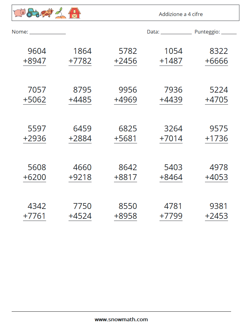 (25) Addizione a 4 cifre Fogli di lavoro di matematica 4