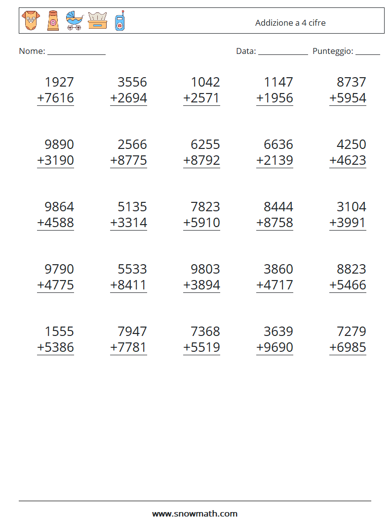 (25) Addizione a 4 cifre Fogli di lavoro di matematica 5