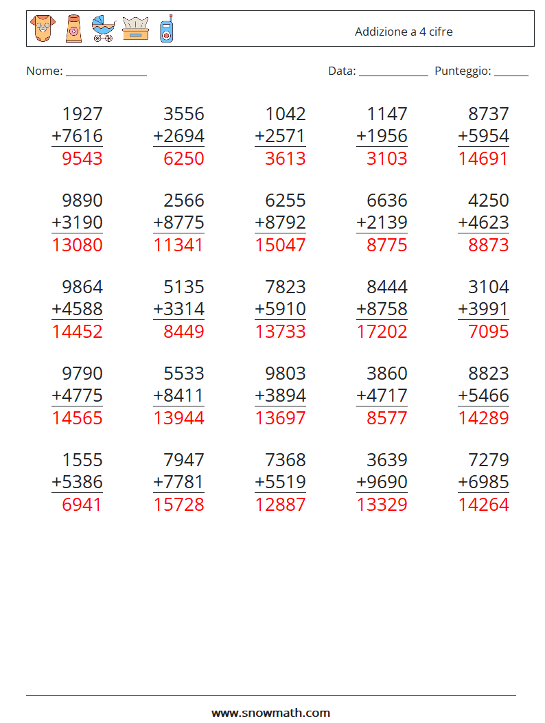 (25) Addizione a 4 cifre Fogli di lavoro di matematica 5 Domanda, Risposta