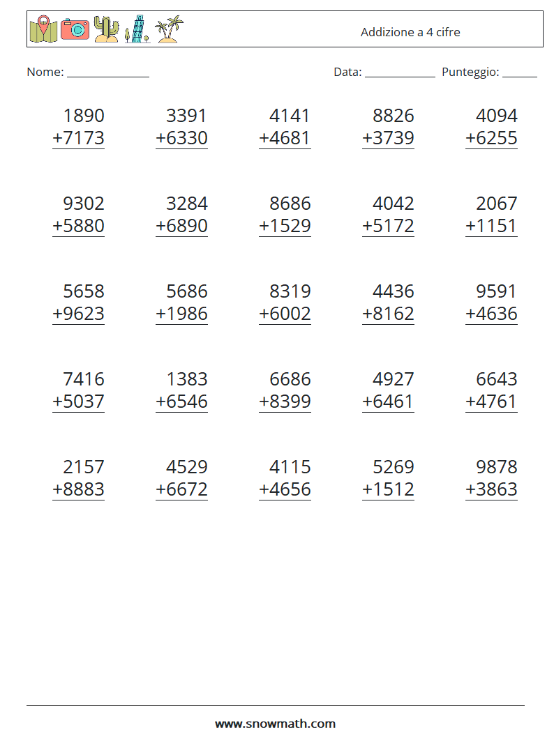 (25) Addizione a 4 cifre Fogli di lavoro di matematica 6