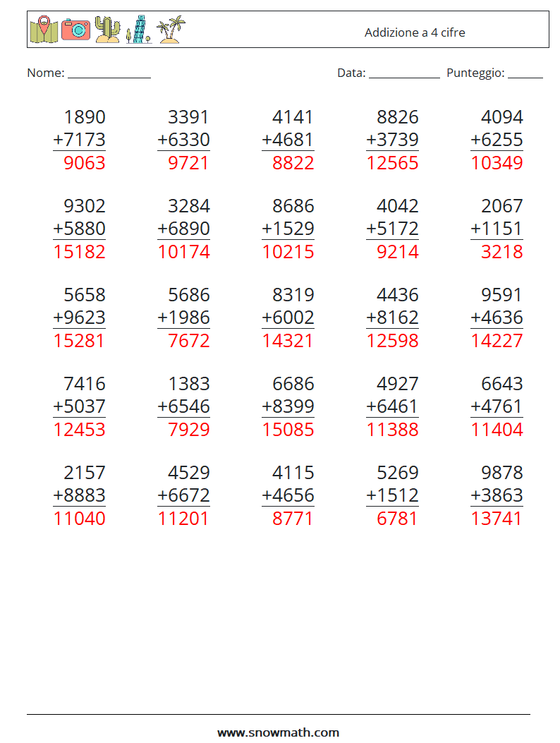 (25) Addizione a 4 cifre Fogli di lavoro di matematica 6 Domanda, Risposta