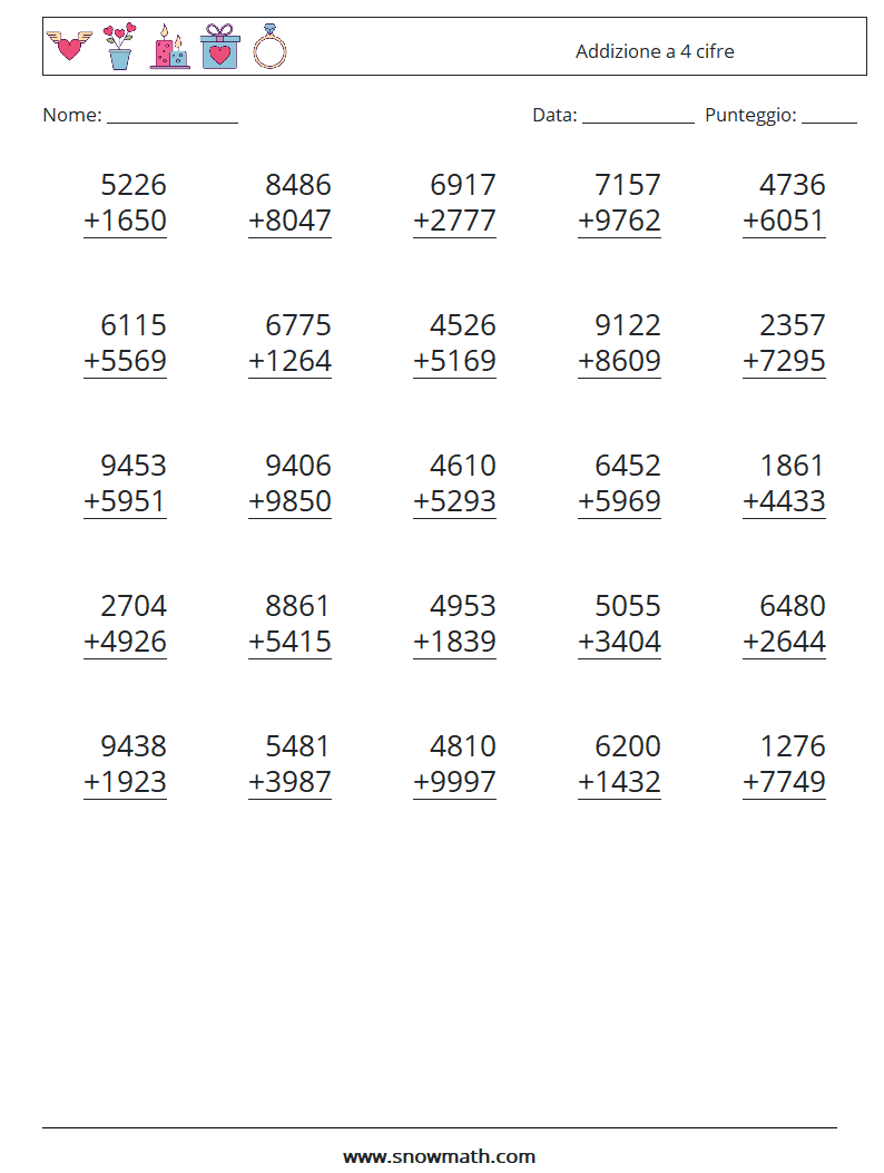 (25) Addizione a 4 cifre Fogli di lavoro di matematica 7