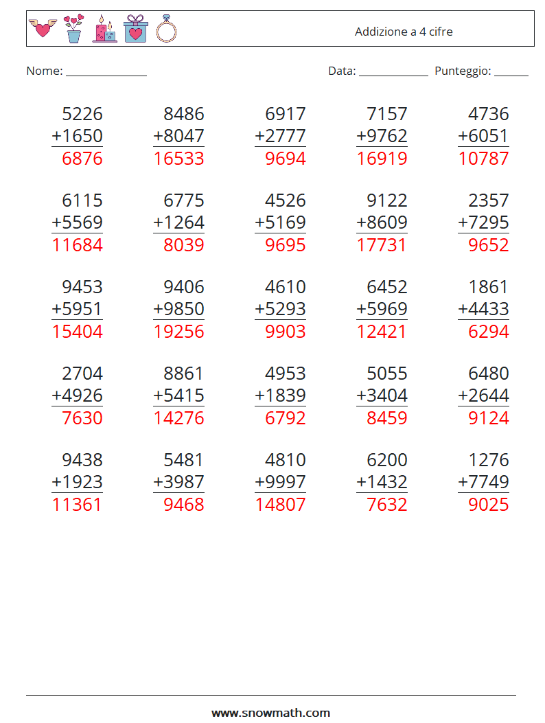 (25) Addizione a 4 cifre Fogli di lavoro di matematica 7 Domanda, Risposta