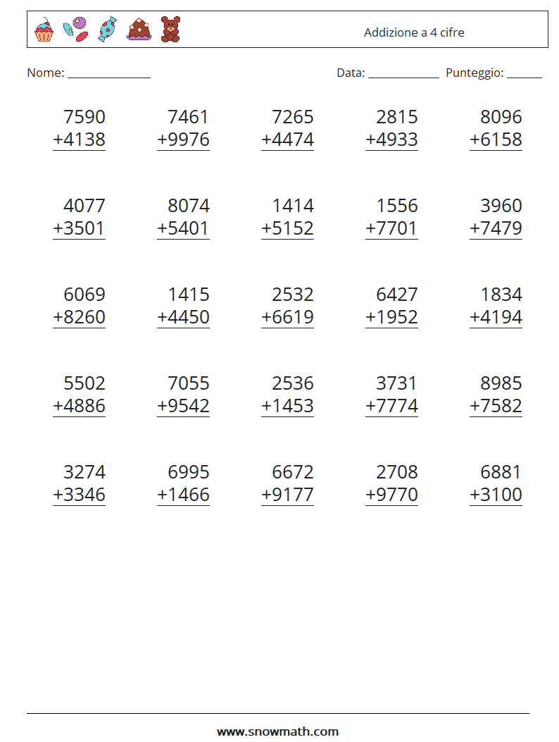 (25) Addizione a 4 cifre Fogli di lavoro di matematica 8