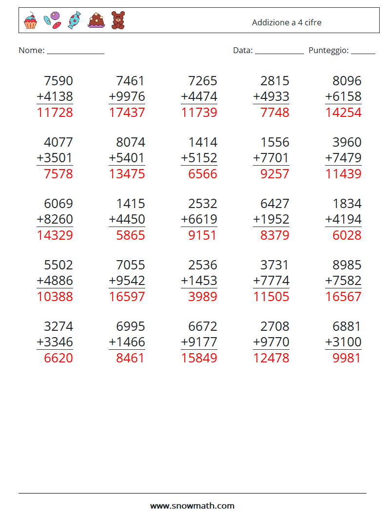 (25) Addizione a 4 cifre Fogli di lavoro di matematica 8 Domanda, Risposta