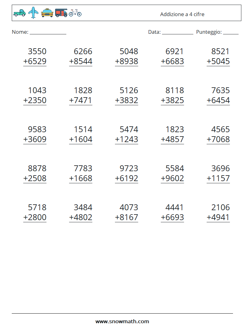 (25) Addizione a 4 cifre Fogli di lavoro di matematica 9