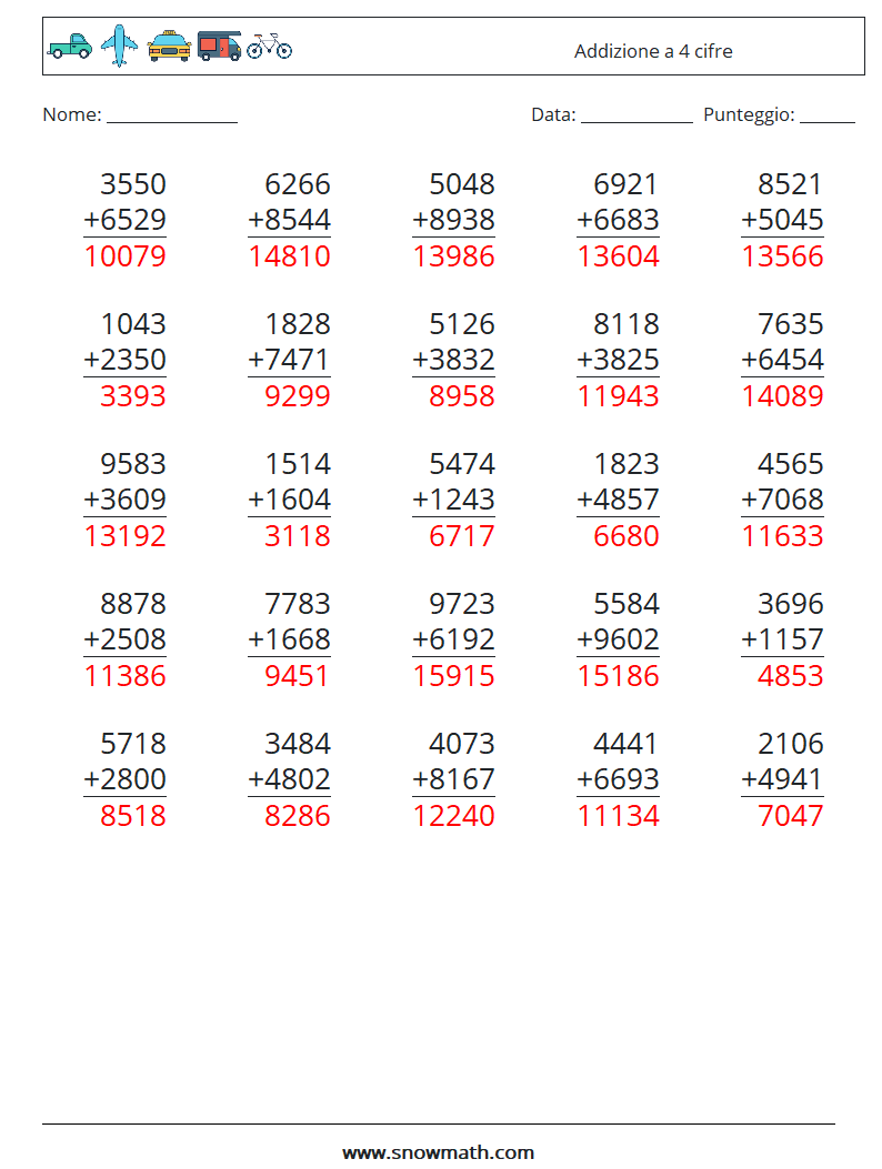 (25) Addizione a 4 cifre Fogli di lavoro di matematica 9 Domanda, Risposta