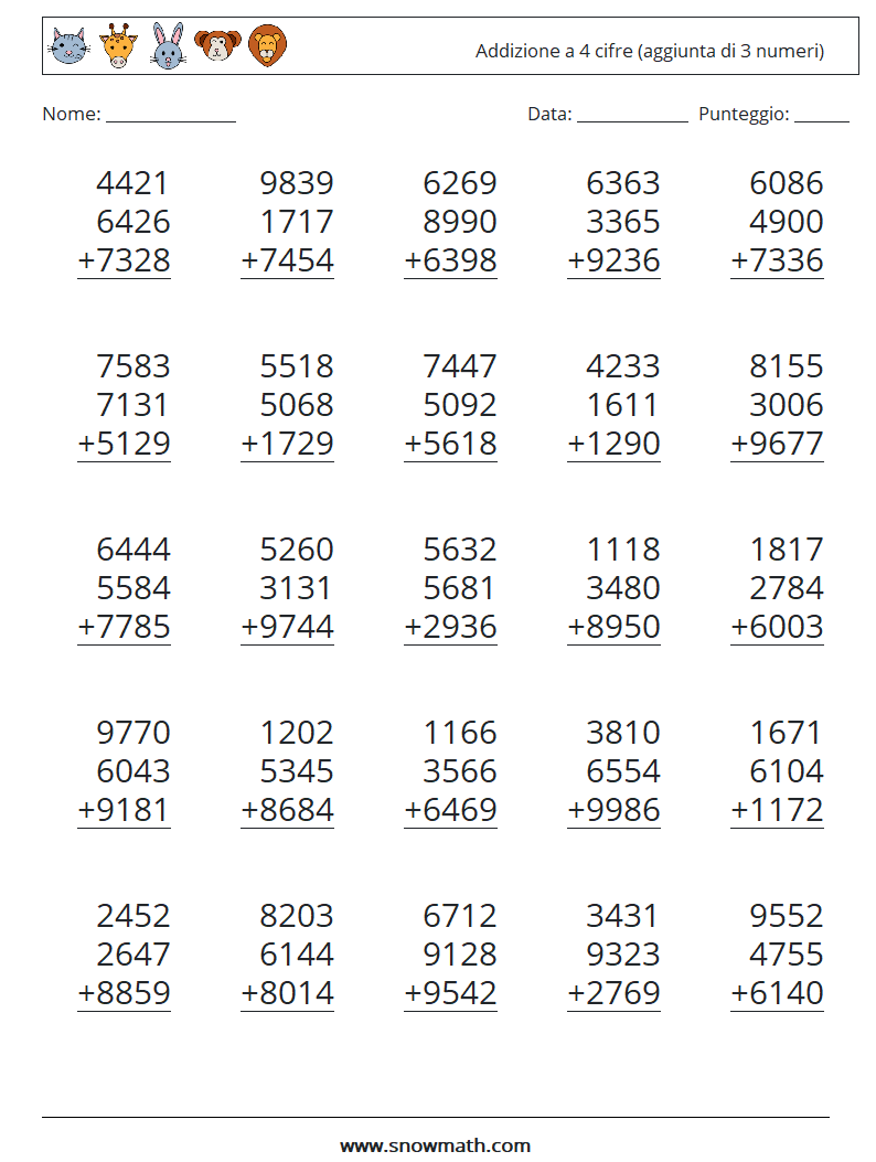 (25) Addizione a 4 cifre (aggiunta di 3 numeri) Fogli di lavoro di matematica 1