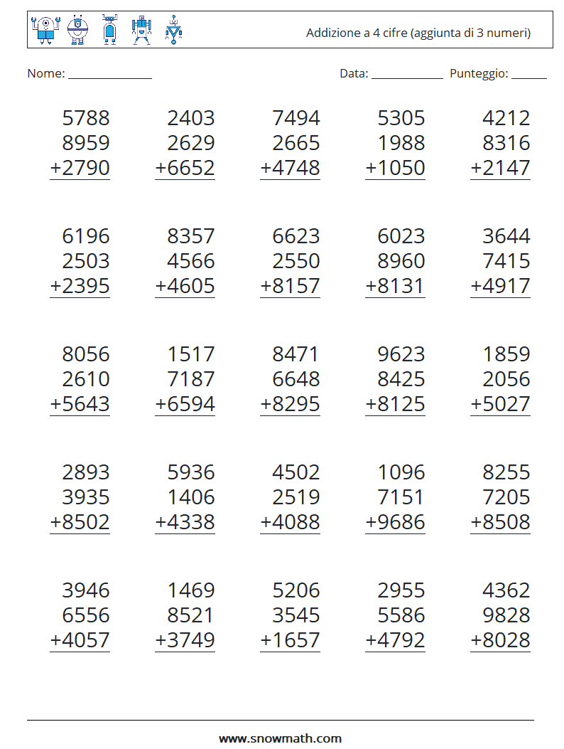 (25) Addizione a 4 cifre (aggiunta di 3 numeri) Fogli di lavoro di matematica 10