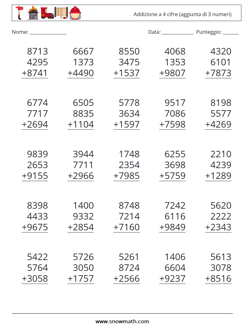 (25) Addizione a 4 cifre (aggiunta di 3 numeri) Fogli di lavoro di matematica 11