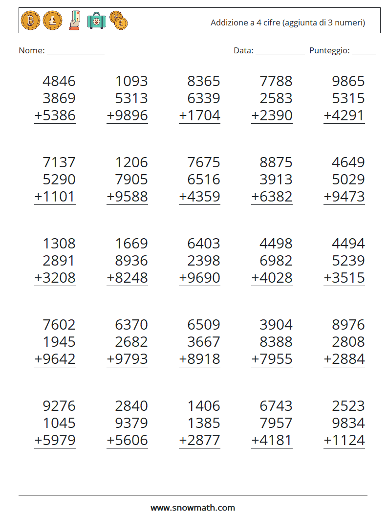 (25) Addizione a 4 cifre (aggiunta di 3 numeri) Fogli di lavoro di matematica 12