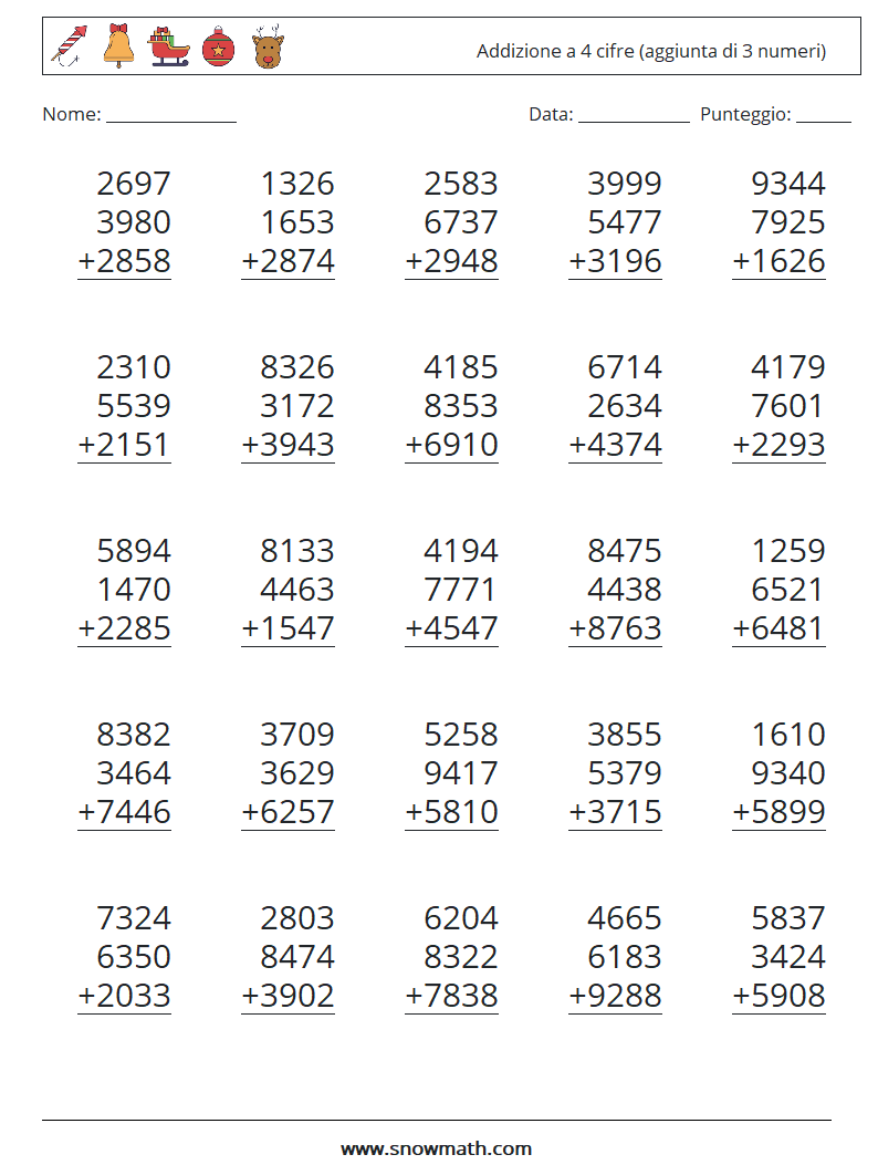 (25) Addizione a 4 cifre (aggiunta di 3 numeri) Fogli di lavoro di matematica 13