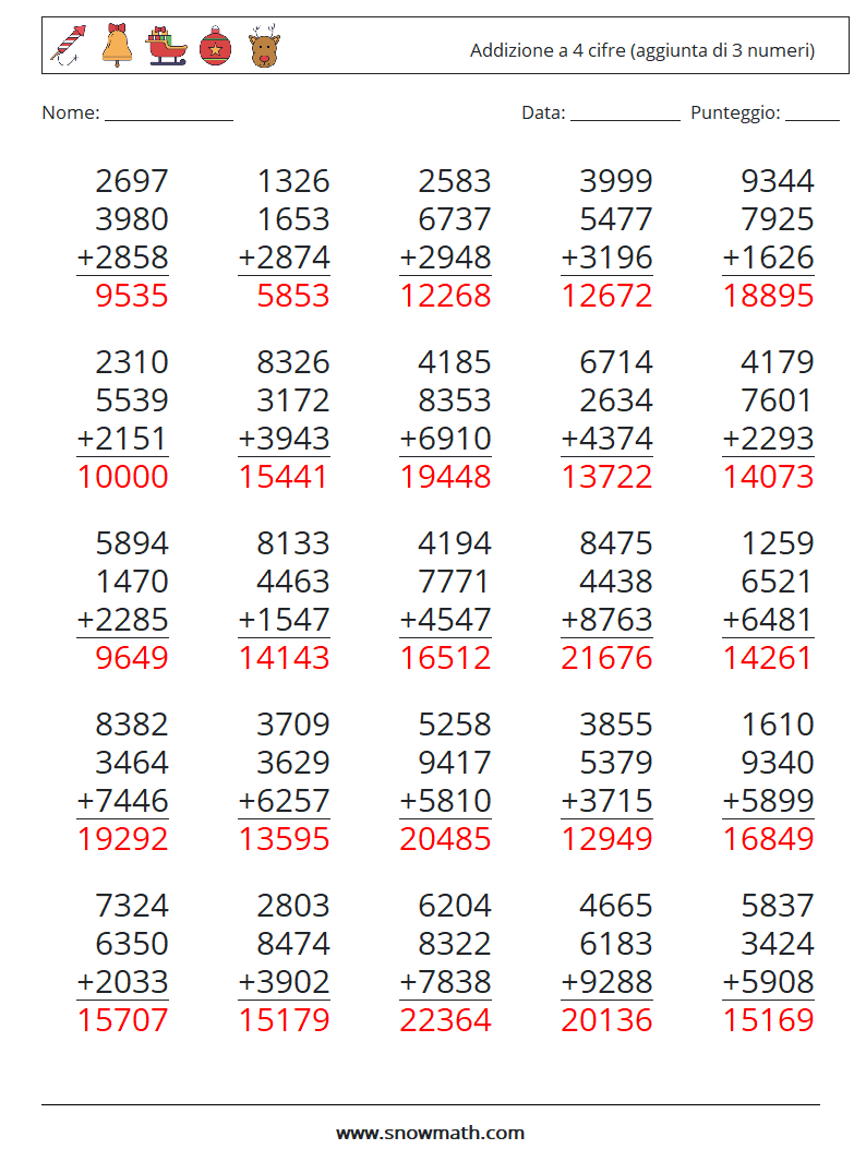 (25) Addizione a 4 cifre (aggiunta di 3 numeri) Fogli di lavoro di matematica 13 Domanda, Risposta