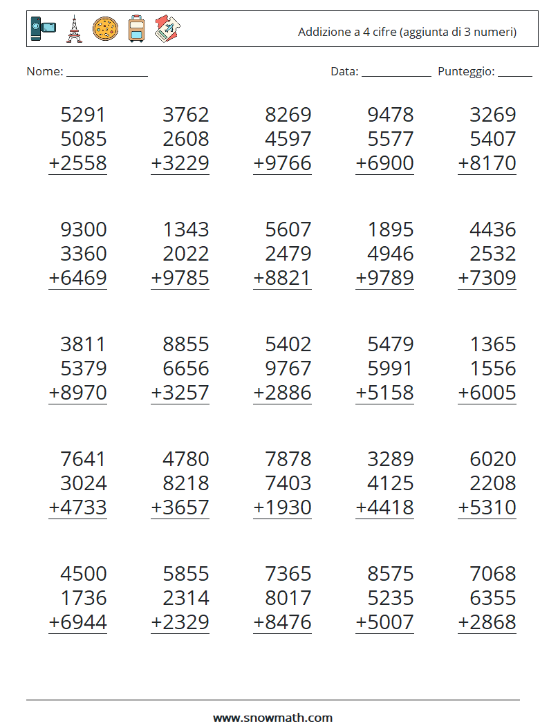 (25) Addizione a 4 cifre (aggiunta di 3 numeri) Fogli di lavoro di matematica 14