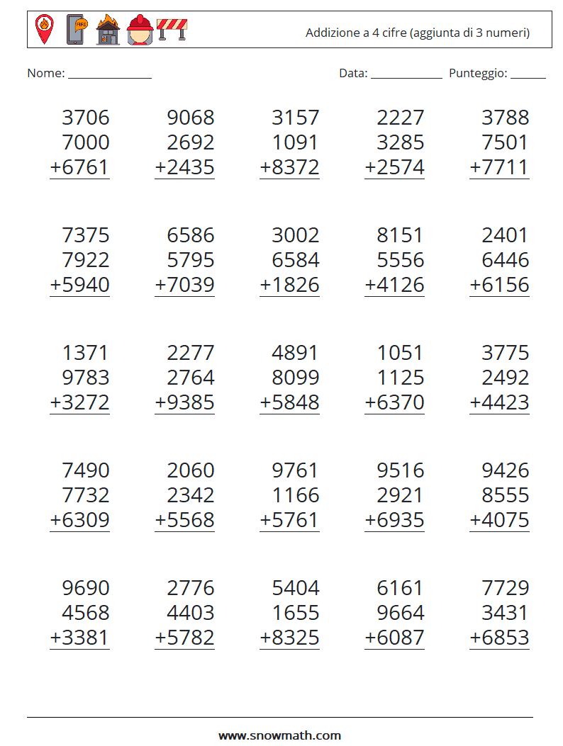 (25) Addizione a 4 cifre (aggiunta di 3 numeri) Fogli di lavoro di matematica 15